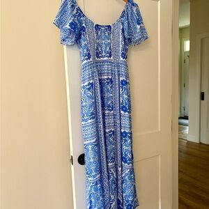 Vineyard Vines Blue and White Ruffled Tiered Maxi Dress